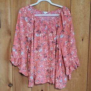 Westport Smocked Blouse Coral Pink Floral 2X Plus